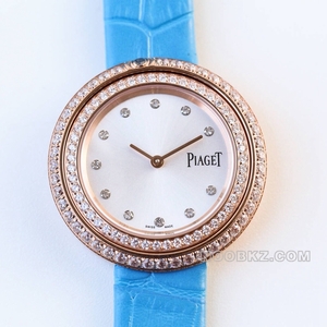 Piaget top replica watch OB factory POSSESSION silver dial rose gold with diamond sky blue strap