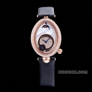 Breguet 1:1 Super Clone Watch AW Factory REINE DE NAPLES rose gold with diamond bezel black strap