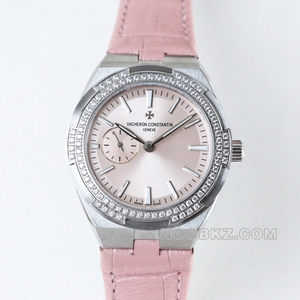Vacheron Constantin top replica watch in four corners pink dial with diamond bezel leather