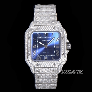 Cartier high quality watch Sandos blue dial with diamond steel belt