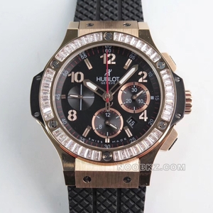 Hublot 1:1 Super Clone Watch BIG BANG Black dial Red hands Chronograph rose gold with diamond ring