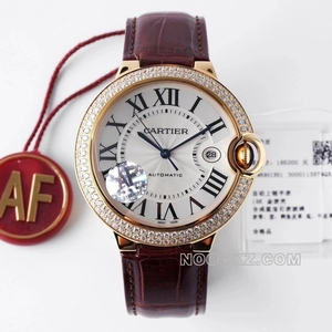 Cartier top replica watch AF factory blue balloon silver gray dial gold diamond ring brown strap