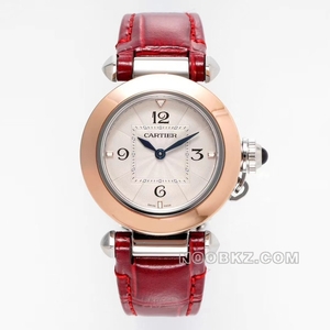Cartier high quality watch AF factory Pasa white dial rose gold bezel red strap