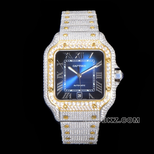 Cartier's top replica watch Sandos blue dial gold bezel with diamond strap