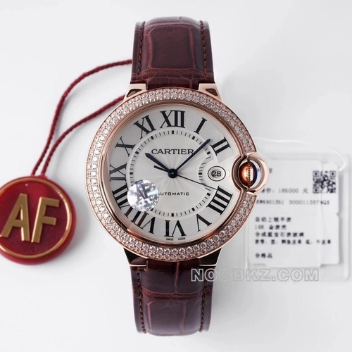 Cartier 5a watch AF factory Blue balloon silver gray dial rose gold with diamond ring brown strap