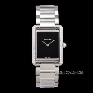 Cartier's top replica watch 5S factory TANK black dial diamond steel belt